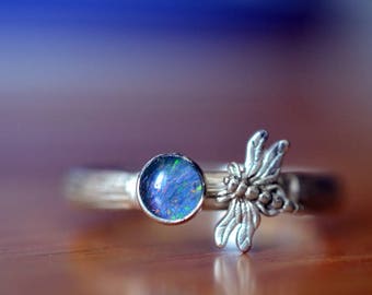 Handmade Opal Ring, Silver Dragonfly Ring, Silver Bamboo Ring, 5mm Round Australian Blue Green Opal Triplet, Silver Insect Dragonfly Jewelry