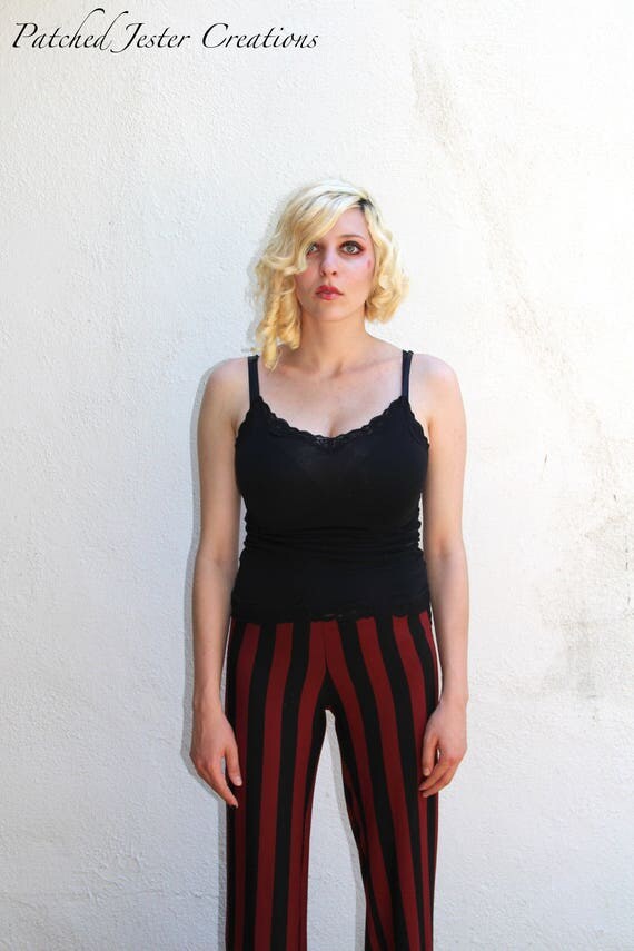 Womens Pants - Steampunk Pants - Gothic Striped Pants - Black and Dark Red Pants