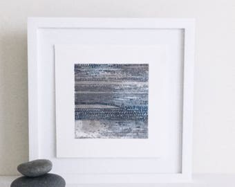 Modern Original Intaglio. Blue + Copper colors. Beach Art: " Current 1" . 10" x10" . unframed