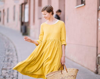 Mustard Linen Dress, Apron Dress, Midi Dress, Yellow Bridesmaid Dress, Smock Long Sleeves Dress, Linen Dress, Knee Length Dress