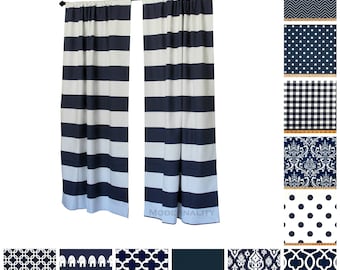 Navy Blue Curtains- Pair of Drapery Panels- Nautical Drapes- Grommets & Lined Curtains Available- Custom Curtains- Navy Cafe Curtains
