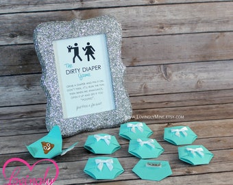 Dirty Diaper Game Light Teal Diaper Pins and matching Silver Glitter Frame - Designer Inspired - Baby & Company Baby Shower Games