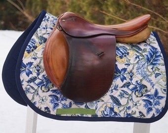 Ready to Ship Saddle Pad - Navy, Tan, and Green Damask Floral Close Contact/All Purpose/English Saddle Pad - Traditional // Vintage