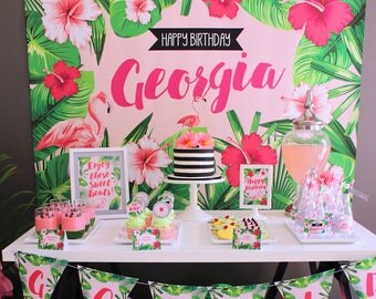 FLAMINGO Backdrop Design for Birthday Party - Tropical Style. Beach or Aloha Party. Printable File. Choose Your Size. Print Your Own.