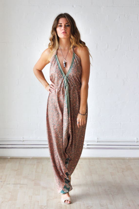 FALL SILK JUMPSUIT -Limited Edition Silk Jumpsuit-Handmade- Vintage Sari Jumpsuit- Hippie- Retro- Halterneck- 100% Silk- Couture