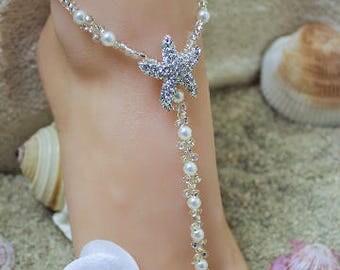 Barefoot Sandals Starfish Foot Jewelry Beach Wedding Barefoot Sandals Silver Starfish Anklet Something Pearl Destination Bride Blue Shoe