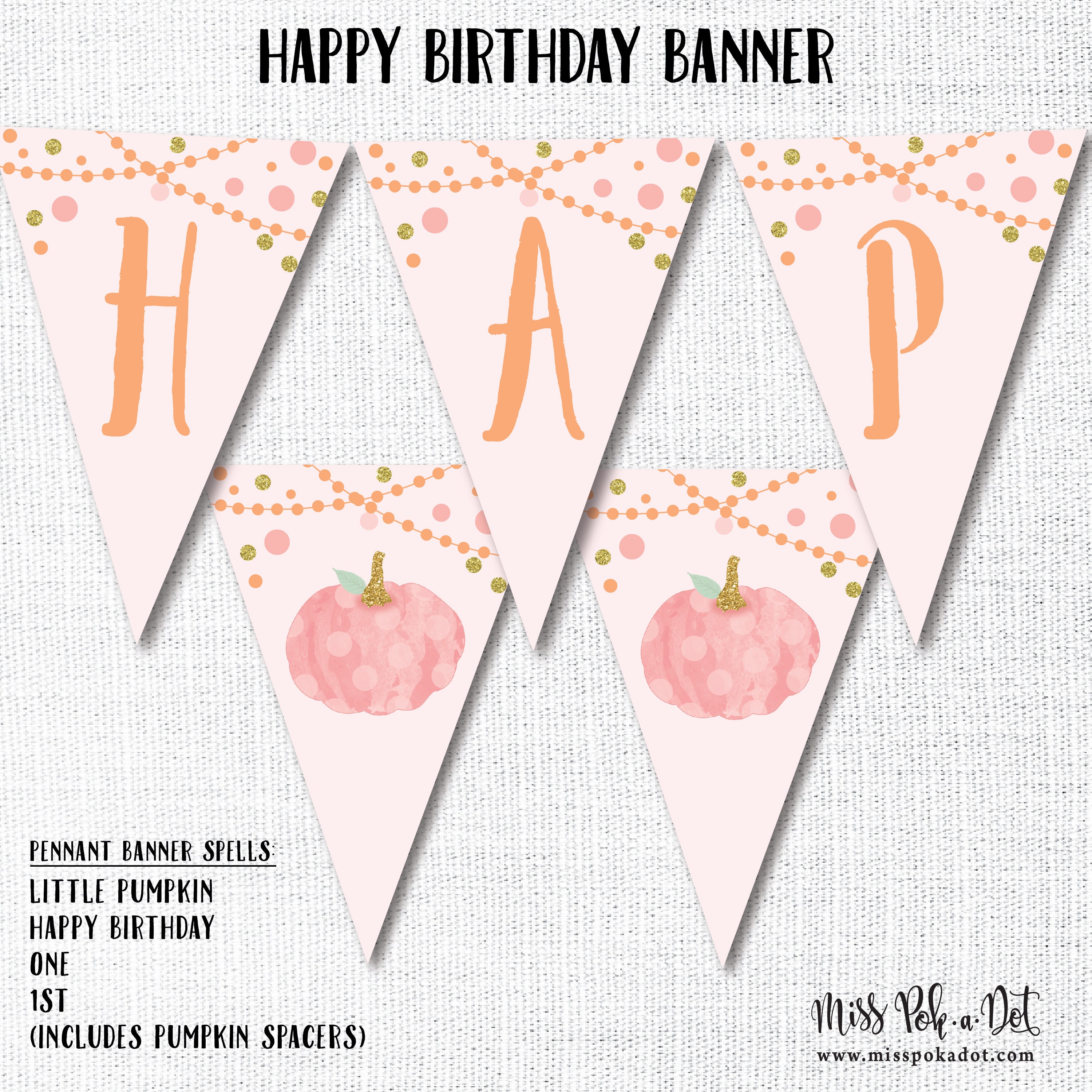 Pumpkin Happy Birthday  Pennant Banner  Printable Pink  Little