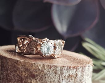 Swirly Elvish Rose and Palladium White Gold Engagement Ring with 5 mm Moissanite - Unique Filigree Alternative Leaves Leaf Twig Swirl