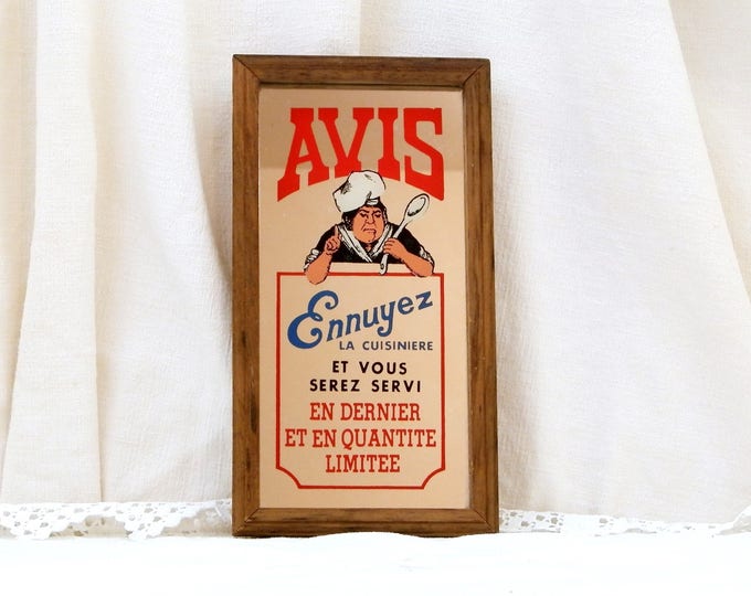 Vintage Chef's Framed Mirrored Sign, Warning From The Cook, Retro French Fun Kitchen Decor, Wooden Framed Printed Mirror from France