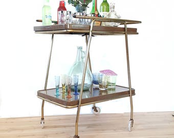 Mid Century Retro Bar Cart ~ Cosco 2 Tier Rolling Cart Atomic Serving Cart - Faux Wood Expandable Serving Tray / Tea Cart / Tray Table