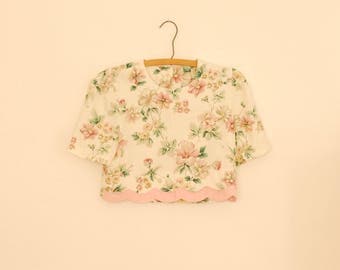 Pink Floral Print Cropped Blouse - 1980s
