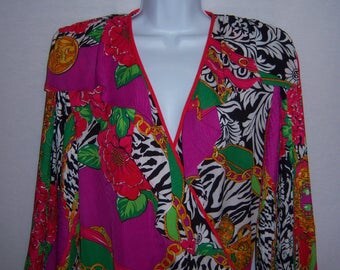 Vintage Diane Freis Pink Red Green Black Zebra Stripe Baroque Floral Flower Print Pleated Gypsy Boho Georgette Outfit Skirt Blouse Large