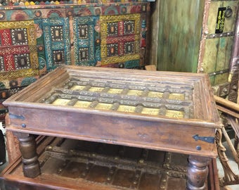 Antique Moroccan Coffee Table Brass Calligraphy Islamic Art Persian Arabic Eclectic Unique Interior Design FREE SHIP