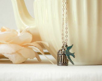 Sparrow Necklace, Bird Cage Necklace, Bird Jewelry, Long Necklace