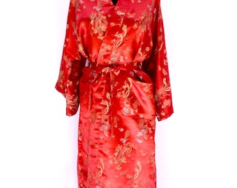 60’s vintage red satin silk chinese dragon floral printed embroidered oriental traditional asian eastern full length robe kimono LARGE
