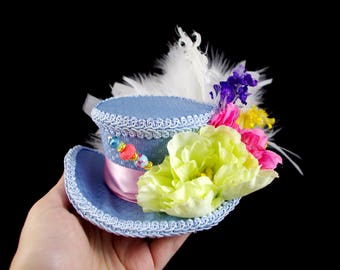 Blue, Pink, and Green Flower Garden Mini Victorian Riding Hat Fascinator, Marie Antoinette, Alice in Wonderland, Derby Hat