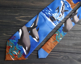 Navy blue dolphin tie vintage mens tie Cravate Nautical print Killer whale men necktie Endangered species whale gift for husband boyfriend