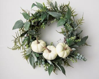 Fall Farmhouse Wreath - White Pumpkin Front Door Wreath - Greenery Wreath - Eucalyptus Wreath - Faux Wreath - Autumn Decor