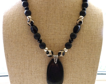 Shungite Pendant, Black Onyx, Black Leopard Agate, Black Obsidian, Sterling Silver, Black Onyx Necklace, Tribal, Earthy, Elegance