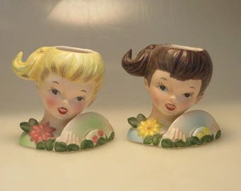 Vintage retro kitsch Enesco young girl ceramic lady head vase headvase blonde brunette pair figurine