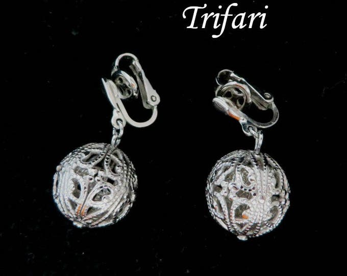 Trifari Dangling Ball Earrings | Vintage Filigree Clip-ons | Signed Designer Silver Tone Earrings