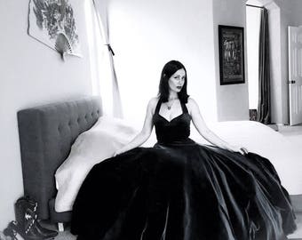 Gothic Bride BLACK Velvet Cherrybomb Ballgown, Retro Classic Halter, Alt Wedding Gown by Hardley Dangerous Couture, Pin Up Prom Wedding