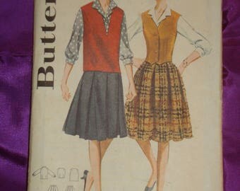 1960s 60s Vintage Front Button Blouse Pullover V Neck Vest Fitted Weskit Pleated Skirt 2 Vws COMPLETE Butterick Pattern 2885 Bst 38 US 97 CM