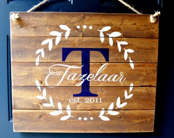 Family Name Sign Wood Monogram Wreath Door Sign Porch Sign Custom Wedding Gift Unique Christmas Gift Painted Wood Monogram Sign