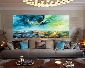 Large Ocean Painting, Beach art, Blue Seascape abstract painting on canvas, luxurty modern style for office or living room artwork
