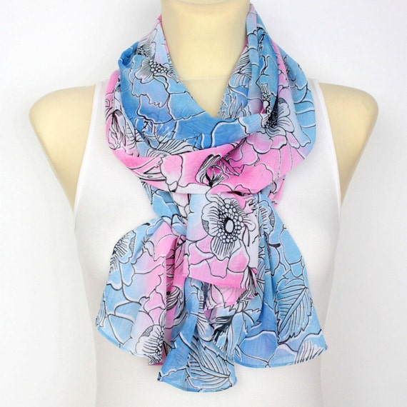 Scarf For Women Floral Chiffon Scarf Pink Blue Scarves And