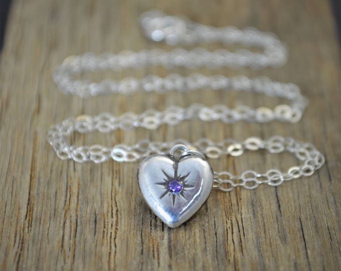 Silver Heart Necklace, Amethyst Mothers Necklace, Amethyst Necklace, Dainty Heart Necklace, Mothers Amethyst Necklace, February Birthstone