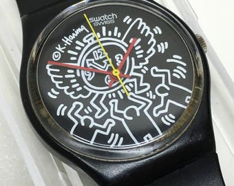 Rare Vintage Keith Haring Swatch Watch Blanc Sur Noir GZ104 1985 Black White Time Flying Clock Case
