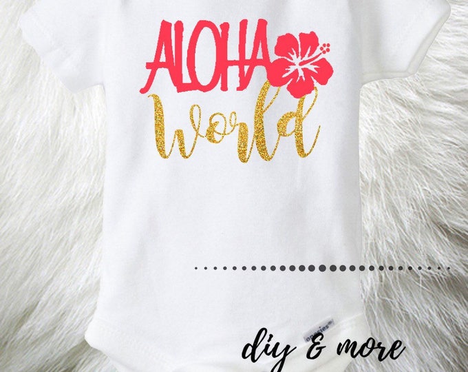 Aloha World Pink & Gold Glitter Baby Onesies®, Baby Bodysuit, Hawaii Baby, Island Baby, Surfer Girl, Beach Baby, Hibiscus, Baby Gift