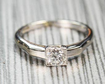 Vintage Diamond Engagement Ring Round Brilliant Cut Diamond Ring 18k White Gold Diamond Engagement Approx 1/3 Carat Diamond Solitaire Ring