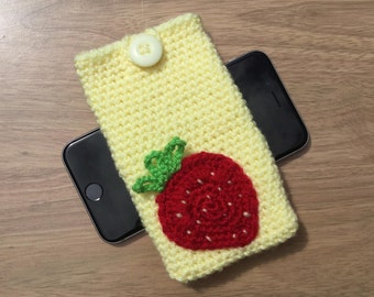 Phone case with earbuds pocket, yellow phone cover with strawberry motif pocket, iPhone 6 case, iPhone 6s cover, iPhone 7 sleeve
