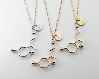 Serotonin Initial Necklace Personalized Best Friend Jewelry Chemistry Happiness Science Molecule Inspiration Gift for Women - RMSN-TC