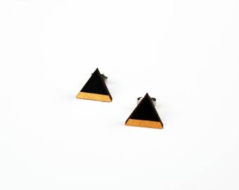triangle wooden earrings, black, brass, laser cut wood, post earrings, studs, modern, hand painted, geometric studs, wooden earrings