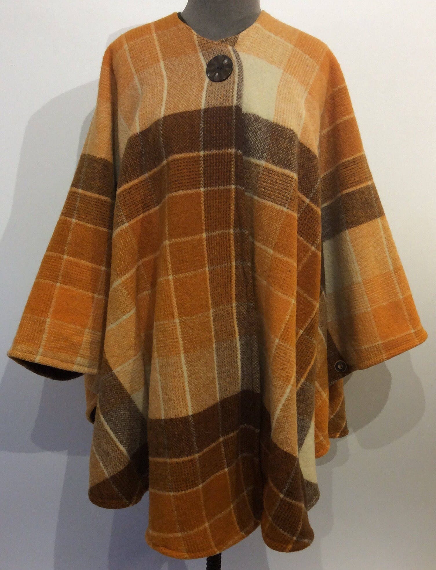 Vintage Repurposed Wool Blanket Cape Orange & Brown