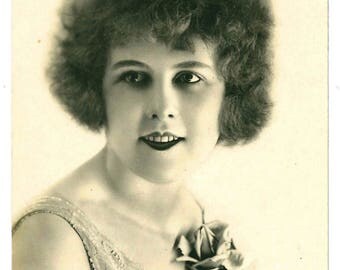 Bad hair day, French vintage postcard, c 1920s, frizzy bob, flower corsage, cupid's bow lips, beaded dress, flapper style, old photograph