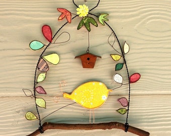 WIRE SCULPTURE – Bird art, Mixed media art, Paper art, Wall hanging, Nature art, Window hanging, Wire bird art, Nature mixed media, Wall art