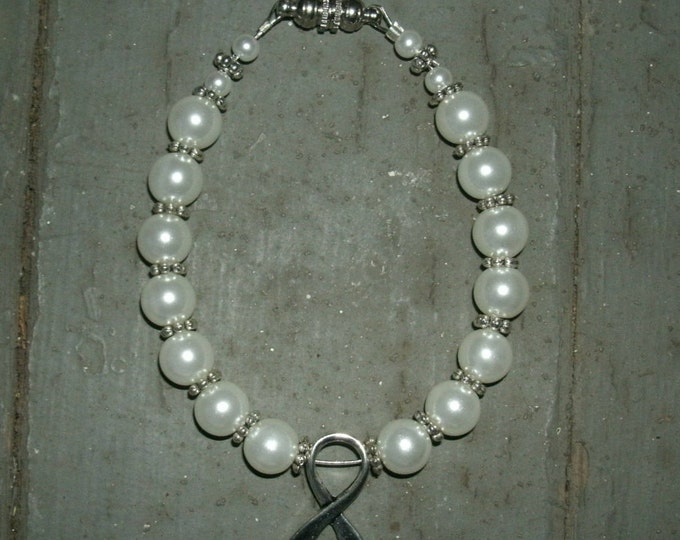 White Pearl Cancer Ribbon Bracelet; Example:November Pearl awareness, Lung cancer ribbon, awareness ribbon, custom colors also made just ask