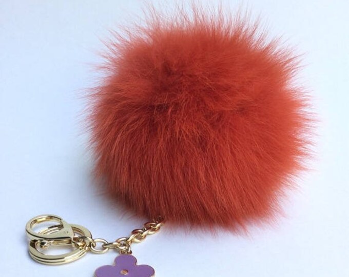 Rusty Orange Fur Pompon bag charm pendant Fur Pom Pom keychain with flower charm