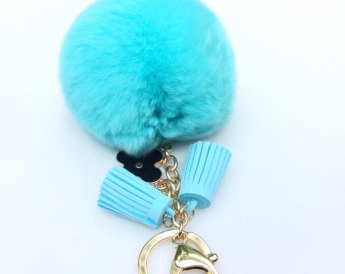 Dreamy Blue Rex Rabbit Fur Pompon bag charm pendant Fur Pom Pom keychain with flower charm and tassels