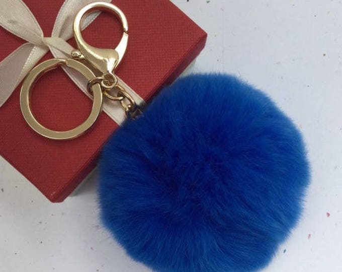 Fur pom pom keychain keyring fur ball bag charm Rex Rabbit Fur royal blue