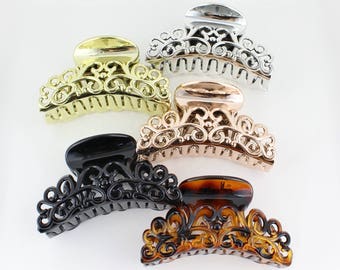 hair clip plastic hair claw clip barrette clamp accessory curved grip teeth open scroll cut out pattern design Black Brown Rose Gold