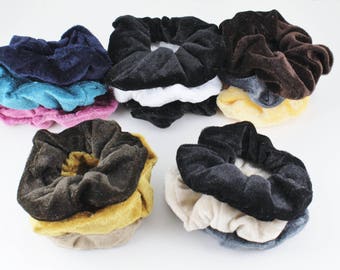 pack of 3 soft velvet velour fabric stretch ponytail holders scrunchies scrunchy hair ties Fall Colors Black White Grey Camel Teal Brown Tan