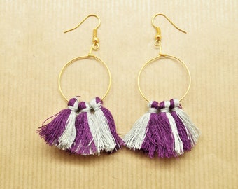 Kit pair silver-gun earrings and creoles, 6 gray, purple pompons pompons