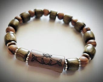 Celtic Claddagh Bracelet, carved in Irish Bog Yew Wood - 2000 Years Old, Hand Carved Dark Walnut & Marblewood beads, Stainless Steel Accents