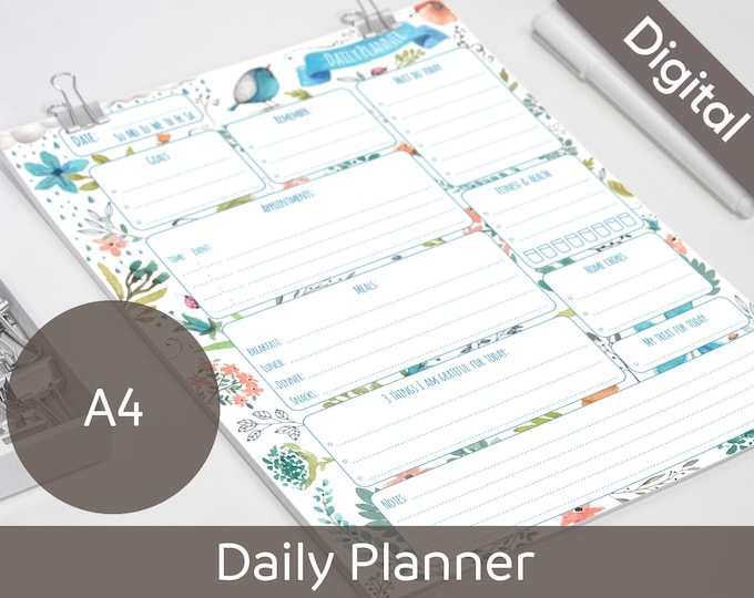 Daily Planner Printable, Printable Daily Schedule, A4 size, Arinne Blue Bird, Day On One Page, DIY Planner Pages PDF Instant Download