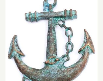 SALE 15% OFF Pendant, anchor, green patina, 43mm, 1 piece, marine, ship anchors, large